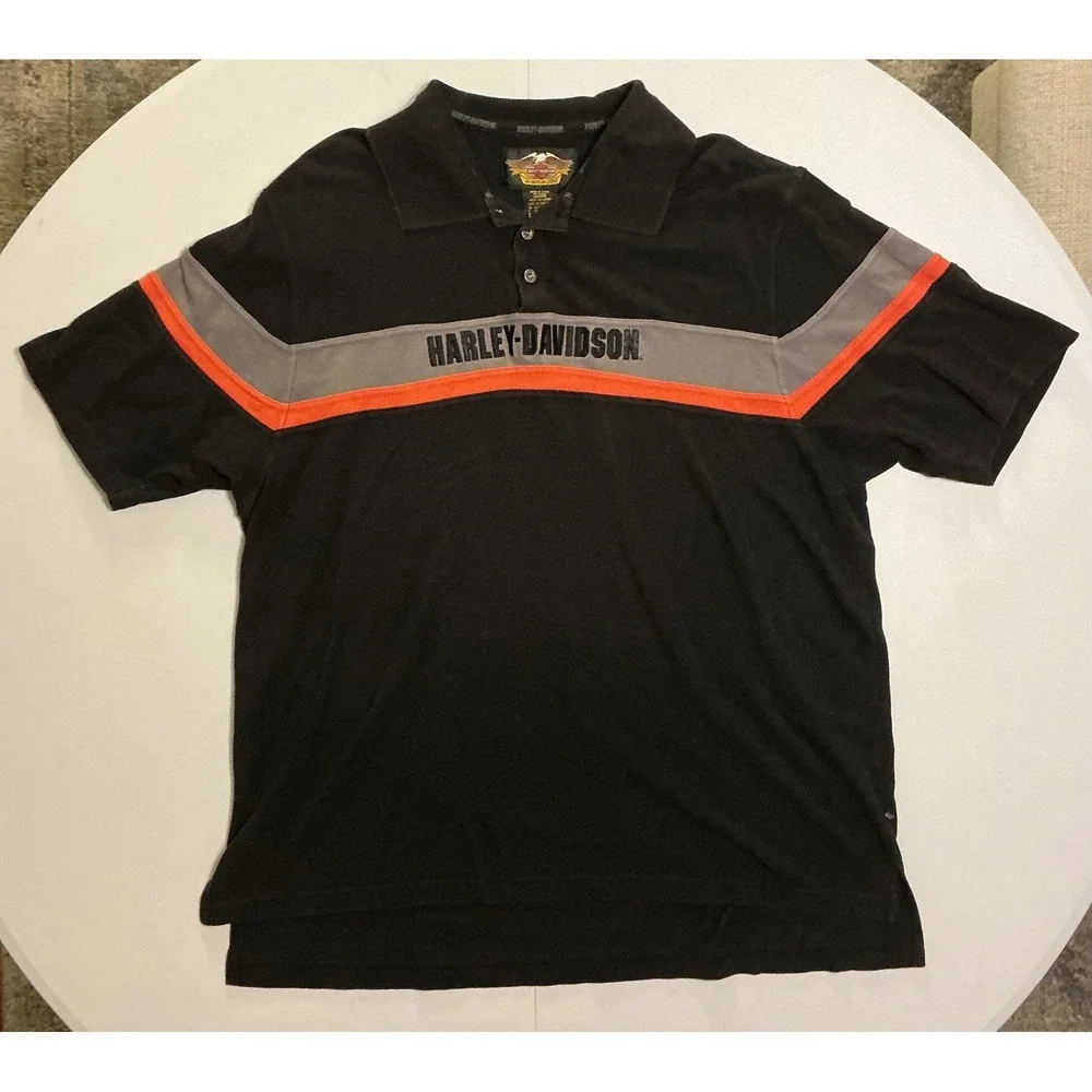 Harley Davidson Polo Shirt Mens XXL‎ Black Orange Gray Colorblock Biker Gorpcore